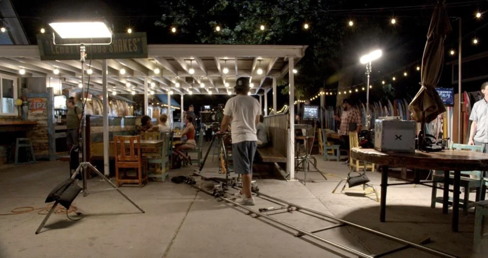 A film crew works on the set of "The Legendary Bear Lake Monster."
